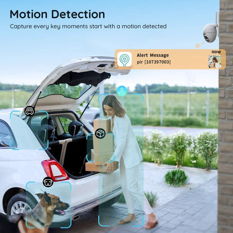 Woman using Solar Powered Wireless Outdoor Security Camera With AI Detection; camera mounted on wall, monitoring motion by car