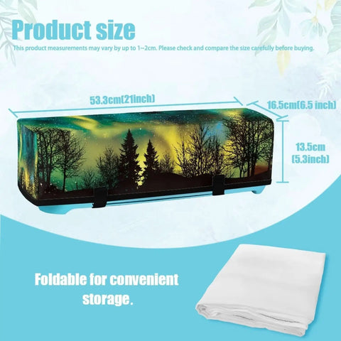 Northern Lights Motif Cutting Machine Cover With Pocket Carrying Case For DIY Cutting Maker And Die Cut Machines Dust Shield Portable Protective Hood Durable Flocked And Stretch Fabric On The Go Ready Crafting Accessory showing product dimensions on size chart with folded fabric.