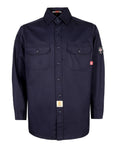 Throw On This Men's Flame Resistant Work Shirt Built From 7.5oz Cotton Twill NFPA 2112 Cat 2 Certified navy blue with two front pockets.
