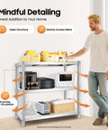 3 Tier Stainless Steel Storage Rack Built Rugged And Hella Solid Vertical Organizer For Kitchen Pantry Garage Waterproof Heavy Duty Multi Tier Utility Shelf 31.5 Inches with open structure and appliances.