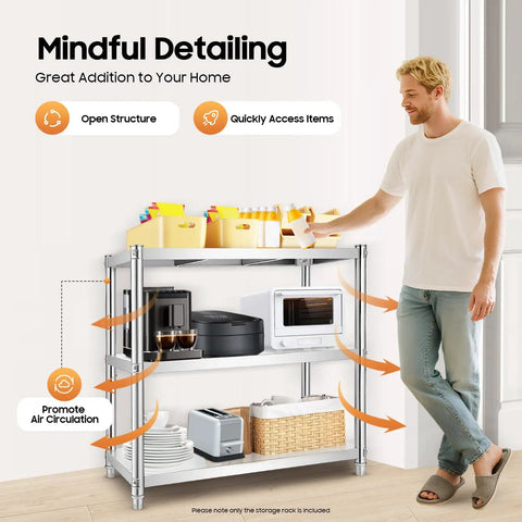 3 Tier Stainless Steel Storage Rack Built Rugged And Hella Solid Vertical Organizer For Kitchen Pantry Garage Waterproof Heavy Duty Multi Tier Utility Shelf 31.5 Inches with open structure and appliances.