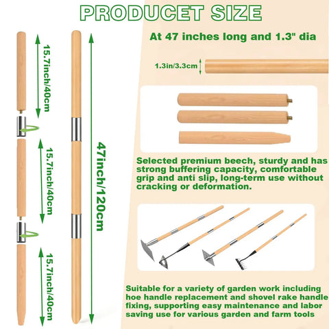 Wooden Hoe Handle Replacement 47 Inch Long With 1.3 Inch Diameter Tapered End Fits Hollow Hoe Forks Shovels Garden Rakes Pitchforks And Digging Tools Perfect DIY Garden Upgrade For Home Gardeners, showing diagram and product details.