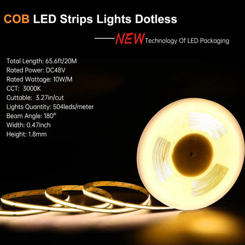 65.6ft 20m 3000K COB LED Strip Lights With 504 LEDs Per Meter DC48V Flexible Rope Light CRI 90 Plus 3M Tape For Commercial Spaces