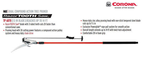 14 Foot Extendable Tree Pruner With RazorTOOTH DualCOMPOUND Action, Powerglide Rope Pull System, 13 Inch Curved Saw Blade, Steel Blade, And 24 Inch Foam Grip For Heavy Duty Orchard Pruning With Limited Lifetime Warranty displayed flat on white background