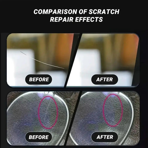 Comparison before and after using Lens Scratch Remover For Glasses And Eyewear 30g Multi Use Cleaner on lenses and glass surfaces