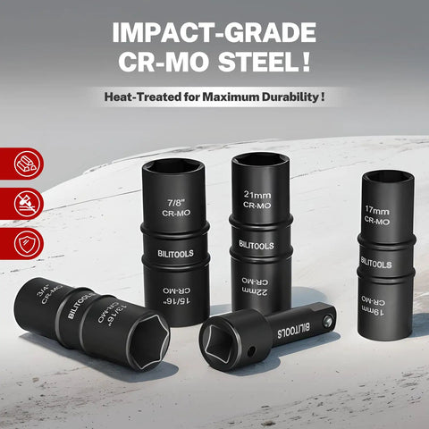 Five Piece Flip Lug Nut Socket Set For 1/2 Inch Drive Metric And SAE Non Marring Thin Wall Sockets With Chrome Moly Build