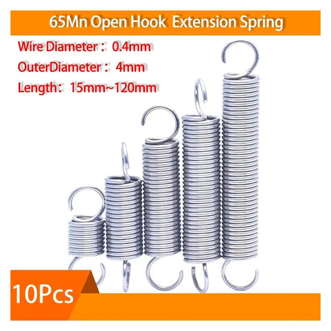 Built Tough 10 Pack Of Premium 304 Stainless Steel Tension Springs With Open Hooks For Shock Absorption And Quick Gear Repairs 4Mm Outer Diameter 120Mm Long, grouped by size.