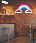3D Acrylic Neon LED Sign For Bedroom And Bar, USB Powered Wall Decor Night Light, rainbow design, on brick wall in cafe setting.