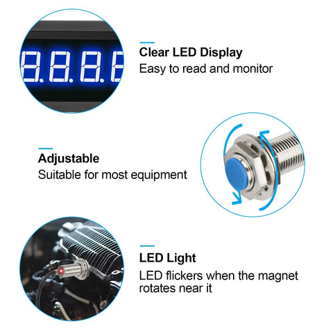 Digital Tachometer With Blue LED Display, 4 Digit RPM Speed Meter For Motors, Hall Proximity Switch NPN Sensor, 12 To 24V DC, High Accuracy 0.1 Percent, No Nonsense Readouts, Ideal For Conveyor Belts And Industrial Machinery, blue LED sensor detail