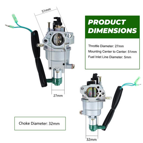 Beefed-Up 8750 Carburetor dimensions for Predator 420cc Generator, Harbor Freight Replacement; throttle, choke, and mounting details