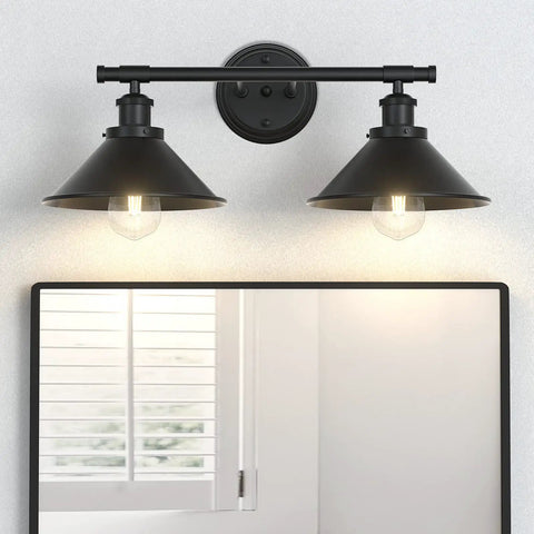 Black Two Light Vanity Wall Sconce For Farmhouse Bathrooms And Over Mirror Lighting installed above a mirror