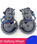 Front view: pair of ECOVACS Deebot T30 walking wheels with gray circular housings and wiring harnesses