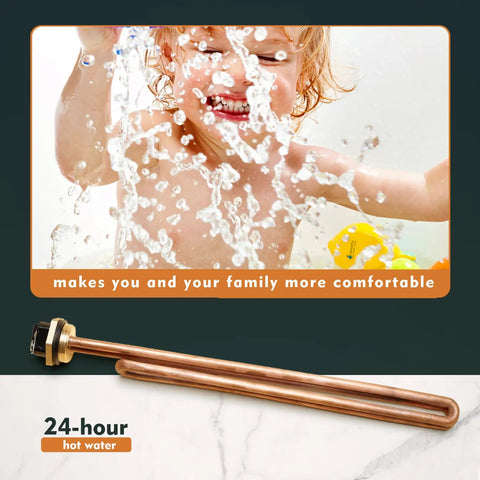 Replacement Copper Heating Element For EcoSmart ECO 18 27 36 Tankless Water Heaters 9KW 240V Screw In Element DIY Easy Install Durable Copper 2 Pack Built For Long Lasting Hot Water with child enjoying hot water in background