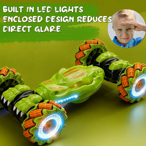 Gesture Sensing RC Stunt Car With Remote And Hand Control, 360 Degree Spin 4WD Off Road Toy with LED lights and green body