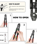 Instructional diagram showing usage of Heavy Duty Wire Rope Crimping Tool Kit for 3/64, 1/16 and 5/64 inch aluminum loop sleeves.