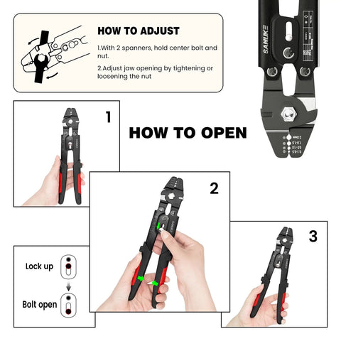 Instructional diagram showing usage of Heavy Duty Wire Rope Crimping Tool Kit for 3/64, 1/16 and 5/64 inch aluminum loop sleeves.