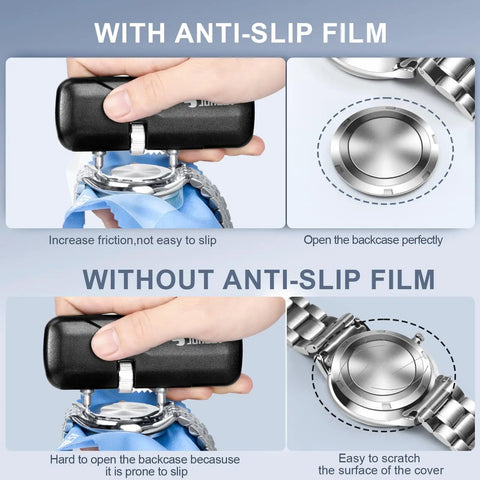 DIY Friendly Watch Back Opener Kit With Adjustable Wrench demonstrating with and without anti-slip film for easy watch repair