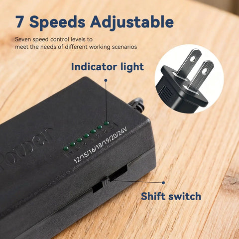 Robust Mini Belt Sander And Electric Grinder With 7 Adjustable Speeds Heavy Duty Bench Grinder power adapter showing speed levels and switch.