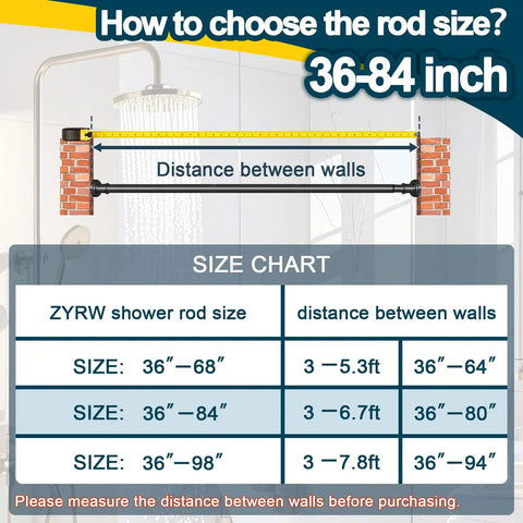 Adjustable Spring Tension Shower Curtain Rod 36 To 84 Inches No Drilling Rustproof With Non Slip Ends size chart