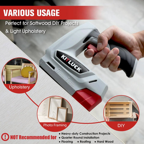Top Tier 2 In 1 Cordless Electric Staple Gun And Brad Nailer Combo For Quick Woodworking and Home Fixes. Handheld design shown for upholstery.  