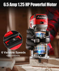 Beefy Compact Wood Router With 6.5 Amp 1.25 HP Power, Fixed Base shown in hand, includes trim bits, red color, variable speeds