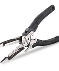 Heavy Duty 6 In 1 Wire Stripper, Crimping Tool And Cutter Pliers, black handles, open position, six stripping holes visible