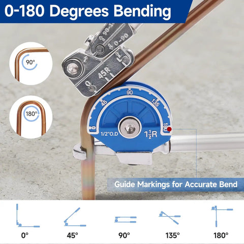 1/2 Inch Od 180 Degree Roller Tubing Bender For Copper Pipe With Smooth Ball Bearing Rollers Cross Free Bending Tool For Tight Space Plumbing Projects Precision Laser Cut Groove No Flat Spots showing guide markings for bending angles.