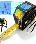 No Fuss 4 In 1 Laser Tape Measure With Slick 328ft Digital Distance Meter 16ft Autolock Tape showing LCD display and laser measurement.