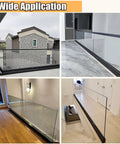 Rock Solid Frameless Glass Railing Kit With Aluminum Base Rail For 10 To 15 Mm Panels shown in various applications on decks and indoors.