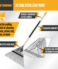 Sturdy Steel Tine Leaf Rake With Hardwood And Steel Handle For Lawns And Dethatching 22 Tines 21.6 Inch Head Black