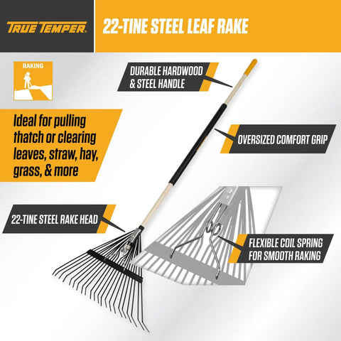 Sturdy Steel Tine Leaf Rake With Hardwood And Steel Handle For Lawns And Dethatching 22 Tines 21.6 Inch Head Black