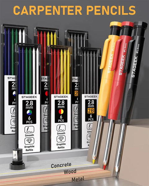 Heavy Duty Carpenter Pencil Kit With Replacement Leads And Mechanical Pencils For Woodworking And Diy Crafting Projects Hella Durable showing different colored pencils and sharpeners.