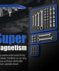 Flexible PVC Magnetic Tool Mat Set With Three Pad Sizes 12.8 By 9.64 Inches 12.8 By 4.1 Inches And 4.33 By 4.33 Inches For Holding Screws Nuts Bolts And Sockets On Hoods Toolboxes And Metal Surfaces In Garage Or Auto Repair, blue-trimmed mats on toolbox
