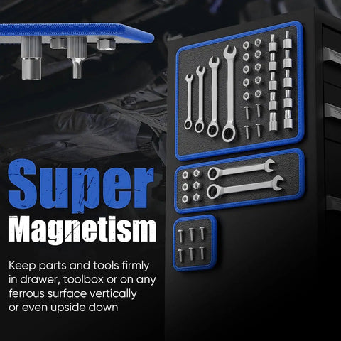 Flexible PVC Magnetic Tool Mat Set With Three Pad Sizes 12.8 By 9.64 Inches 12.8 By 4.1 Inches And 4.33 By 4.33 Inches For Holding Screws Nuts Bolts And Sockets On Hoods Toolboxes And Metal Surfaces In Garage Or Auto Repair, blue-trimmed mats on toolbox