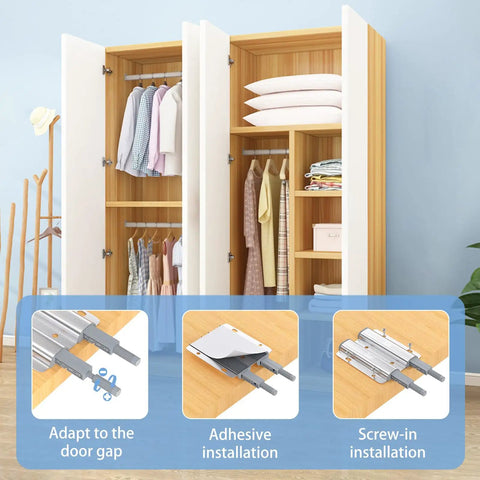 Open wardrobes with Heavy Duty Magnetic Push Latch Set 4 Pack Double Push To Open Cabinet Catches, installation methods shown.