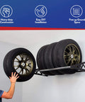 Rock Solid Heavy Duty Steel Wall Mount Tire Rack, Adjustable Black Garage Storage Shelf Supports 400 Pounds with tires mounted.