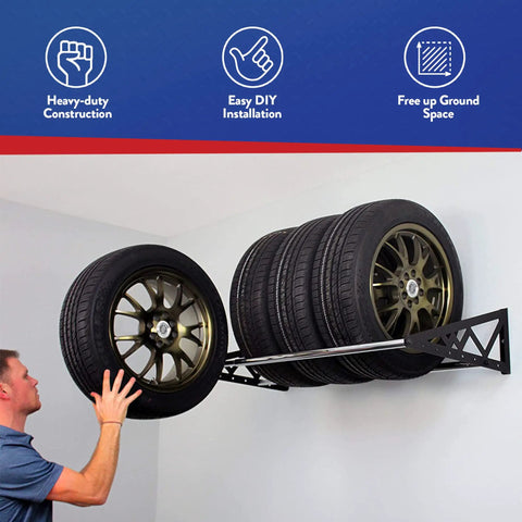 Rock Solid Heavy Duty Steel Wall Mount Tire Rack, Adjustable Black Garage Storage Shelf Supports 400 Pounds with tires mounted.