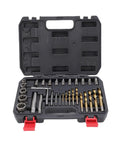Open case with Grab This Awesome 32 Pc Screw Extractor Set With Heavy Duty Reverse Drill Bits For Fixing Stripped Bolts And Broken Nuts Like A Boss Using Tough Chrome Molybdenum Steel Tools With Storage Case.