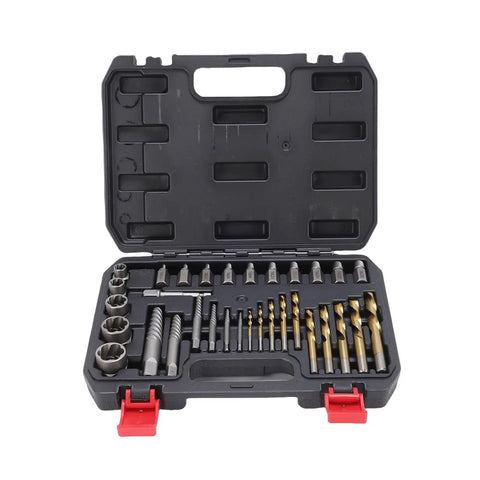 Open case with Grab This Awesome 32 Pc Screw Extractor Set With Heavy Duty Reverse Drill Bits For Fixing Stripped Bolts And Broken Nuts Like A Boss Using Tough Chrome Molybdenum Steel Tools With Storage Case.