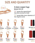 Diagram showing 8 sizes of copper wire lugs with heat shrink tubing from 80 Pcs Copper Wire Lugs And 40 Pcs Heat Shrink Set For Battery Terminals AWG 8 6 12 10 Heavy Duty Cable End Ring Terminals With Heat Shrink Tubing Assortment Kit For Automotive Marine And DIY Wiring.