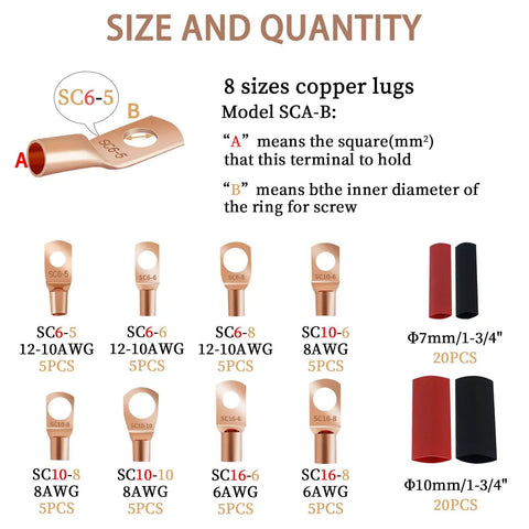Diagram showing 8 sizes of copper wire lugs with heat shrink tubing from 80 Pcs Copper Wire Lugs And 40 Pcs Heat Shrink Set For Battery Terminals AWG 8 6 12 10 Heavy Duty Cable End Ring Terminals With Heat Shrink Tubing Assortment Kit For Automotive Marine And DIY Wiring.