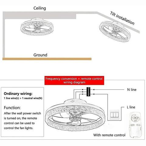 Diagram showing installation of 19.7 Inch Flush Mount Ceiling Fan With Lights Chandelier Style Remote Control Dimmable LED, wiring details
