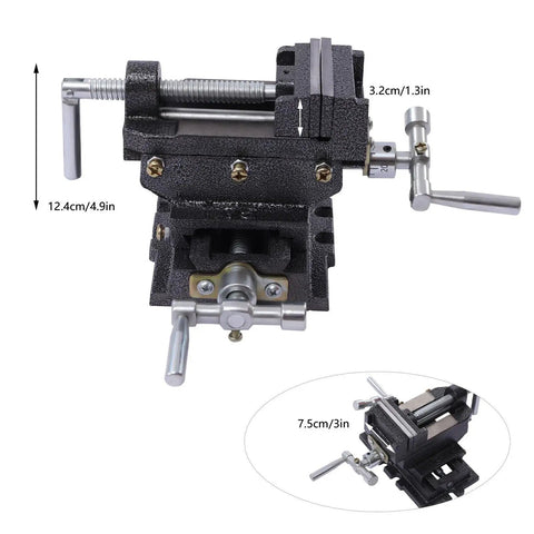 Pro Grade Top Shelf 3 Inch 2 Way Cross Slide Drill Press Vise With XY Travel Scales, cast iron build with flat steel jaws.