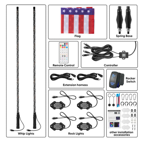 2 Pack 3ft LED Whip Light And 4 Rock Light Combo Kit with Spring Bases, Switch, Controller, and App Control accessories
