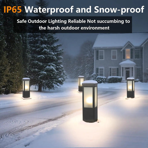 Rock Solid 15.75 Inch Outdoor Bollard Path Lights With Knockout Aluminum Frame And Frosted Glass Shade for snowy pathway lighting.
