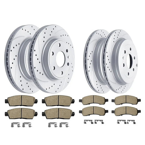 Chevy Traverse Buick Enclave GMC Acadia Saturn Outlook front 12.80in and rear 13.03in drilled-slotted disc brake rotors with ceramic pads kit