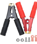 Heavy Duty Insulated Alligator Clips For Battery Jumper Cables High Amp Crocodile Clamps with red and black grips and connecting hardware.