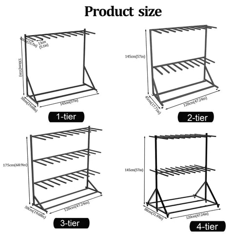 Diagrams of 1 to 4-tier Heavy-Duty Life Jacket Drying And Storage Rack With Lockable Casters, Freestanding Metal Gear Organizer.