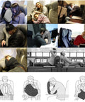 Collage of people using Inflatable Travel Neck Pillow With 3D Eye Mask And Earplugs in various transport settings.