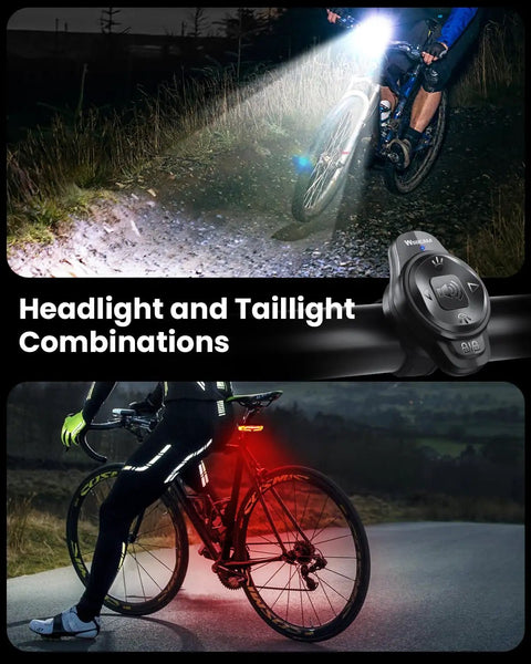 Cyclist using Wireless Remote Bike Light Set With Front Headlight And Rear Taillight, Turn Signals, Brake Light, Alarm Horn
